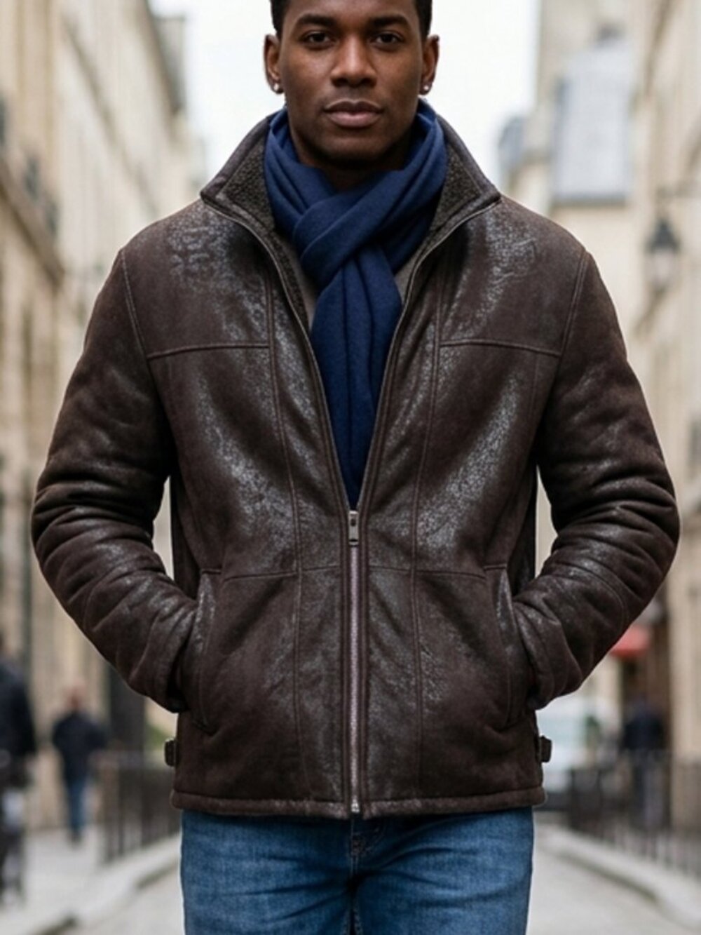 Vintage Werner Christ luxury men's dark brown leather and shearling jacket
